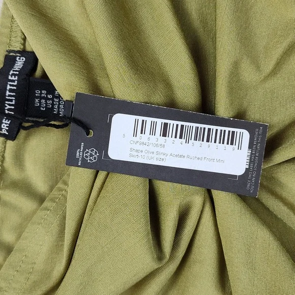 Shape Olive Slinky Acetate Ruched Front Mini Skirt Pretty Little Thing Size 6 - Picture 4 of 8